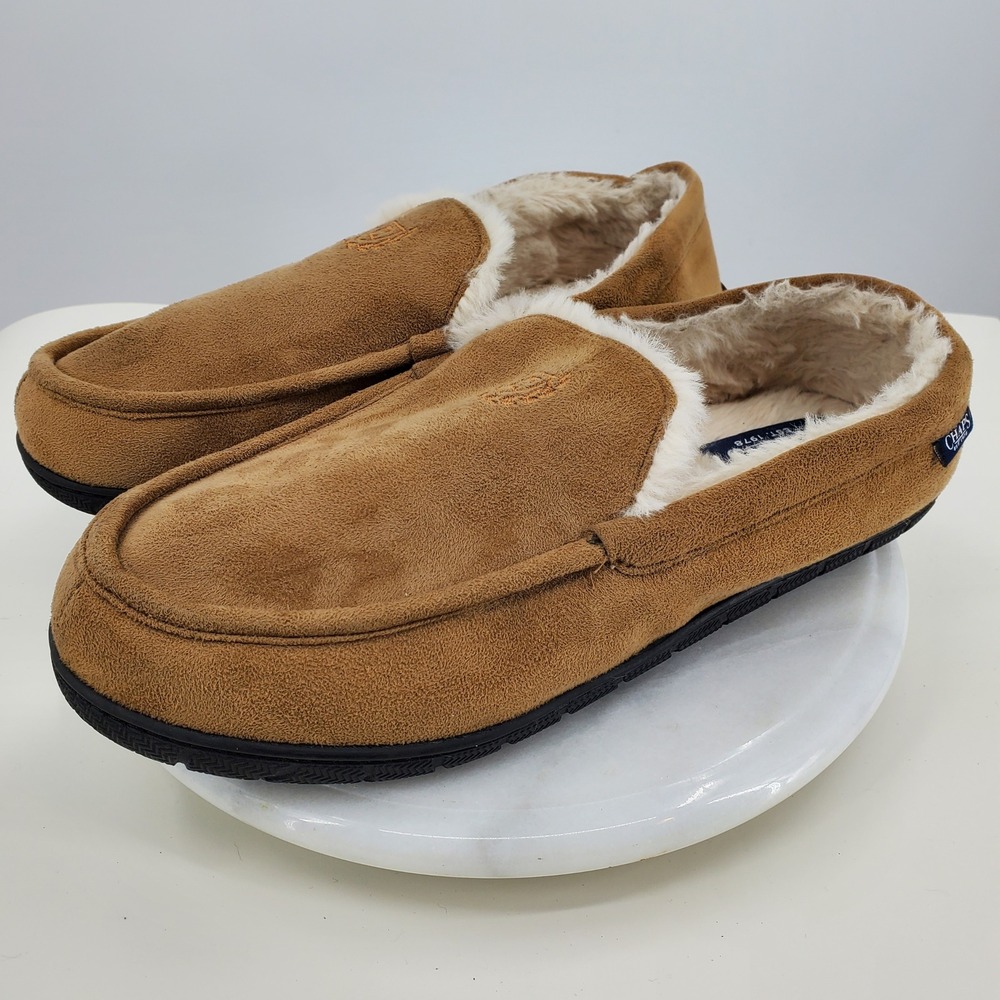 Chaps Mens Size 13 Tan Microsuede Faux Fur Lined‎ Moccasin Slippers House Shoes